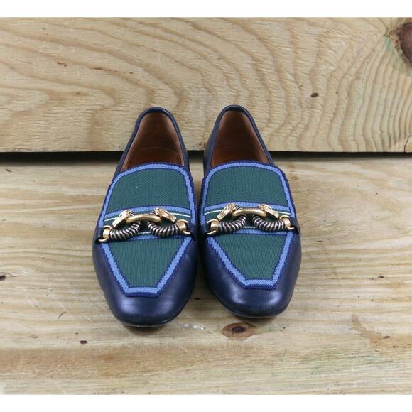 Tory Burch Loafers Women 7 M Blue Leather Green Rhinestone Jessa Horse Bit Flats - Picture 3 of 10